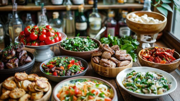 A vibrant spread of Mediterranean dishes including fresh vegetables meats and salads beautifully arranged on a wooden table