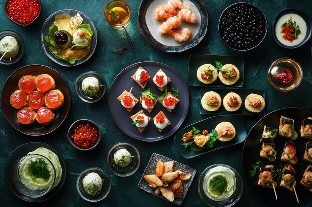 Photo a vibrant spread of various gourmet dishes and drinks on a textured surface