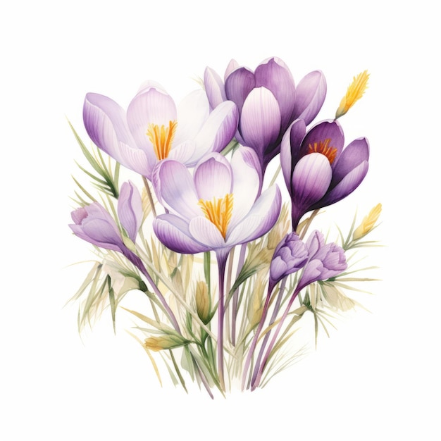 Vibrant Spring Crocus Bouquet Realistic Watercolor Fashion Illustration