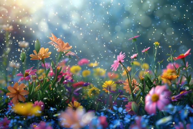 Vibrant Spring Flowers in Bloom with Morning Dew