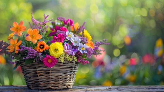 Vibrant Spring Flowers in Rustic Wicker Basket on Wooden Table for Garden Decor