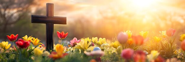 Photo vibrant spring flowers surrounding a wooden cross on easter morning