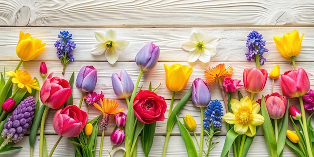 Vibrant Spring Flowers on White Wooden Background Top View Copy Space