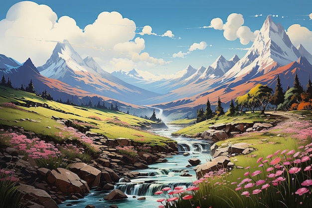 Vibrant Spring Mountain Landscape with Stream Valley