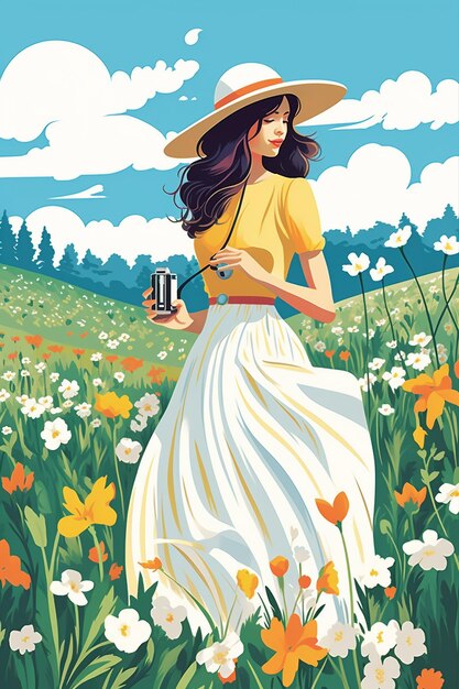 Vibrant spring scene a girl in a long dress holding a camera