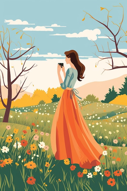 Vibrant spring scene a girl in a long dress holding a camera