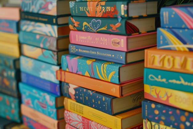 Photo a vibrant stack of beautifully illustrated books showcasing various colors and designs highlighting intricate details and creative themes arranged neatly on a wooden surface indoors