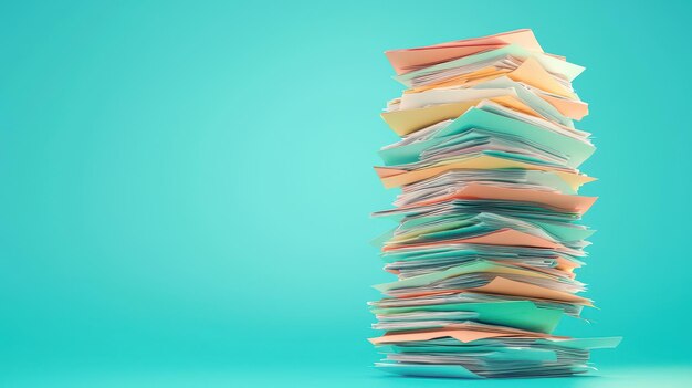 Photo a vibrant stack of colorful paper sheets against a teal background symbolizing organization and creativity in document management