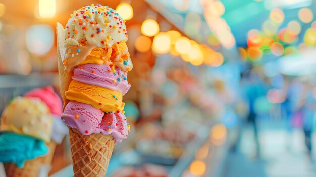 Photo vibrant stacked ice cream cones with colorful sprinkles against a blurred background in a festive setting