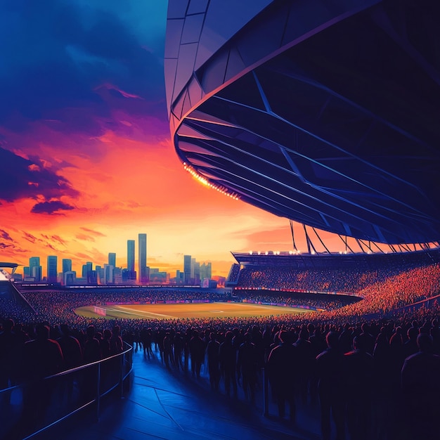 Vibrant Stadium Painting with Sunset Background Bustling Crowd Scene