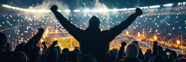 Photo vibrant stadium scene captures fans cheering at night american football game two individuals stand