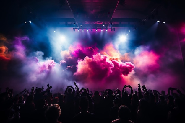 A Vibrant Stage Bathed in Colored Spotlights and Enveloped in Mystical Smoke Generative AI