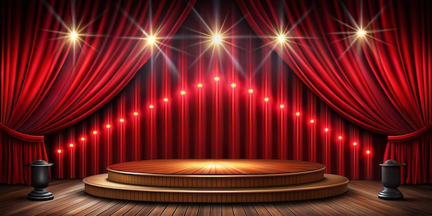 Vibrant Stage Podium Background with Red Light Spotlight and Curtains