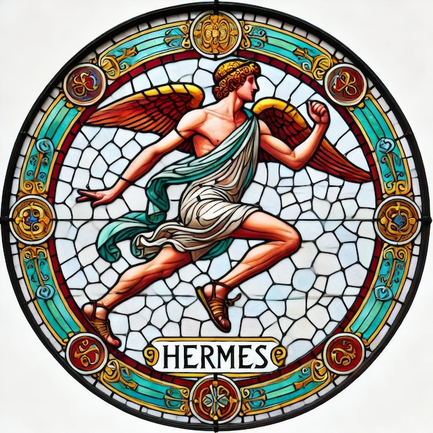 Vibrant Stained Glass Artwork Depicting The Greek God Hermes in a Running Pose