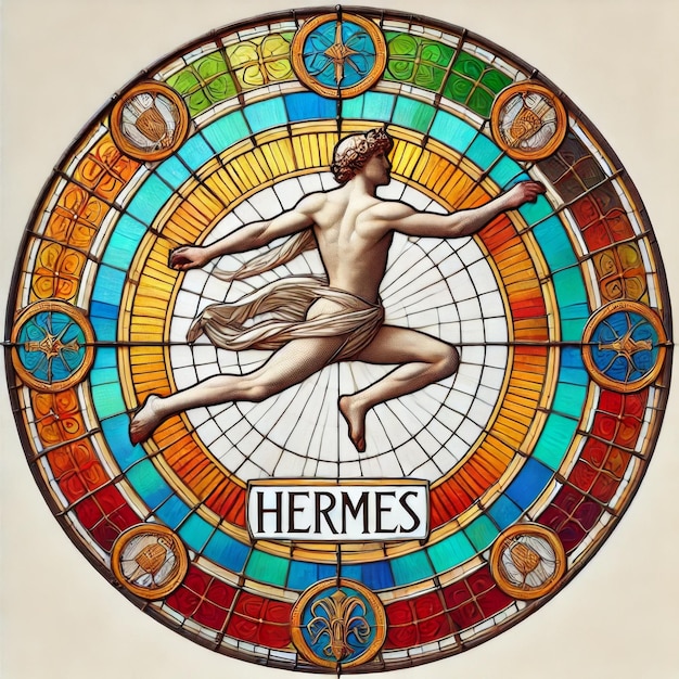 Vibrant Stained Glass Depiction of Hermes the Greek God in Dynamic Jumping Pose