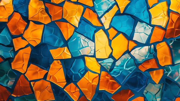 A vibrant stained glass pattern featuring hues of blue and orange