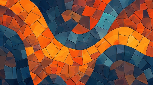 A vibrant stained glass pattern featuring hues of blue and orange