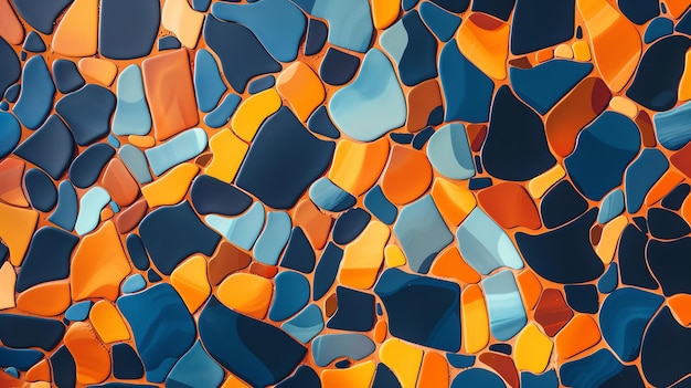 A vibrant stained glass pattern featuring hues of blue and orange