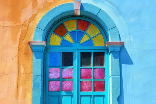 Vibrant stained glass window on colorful facade