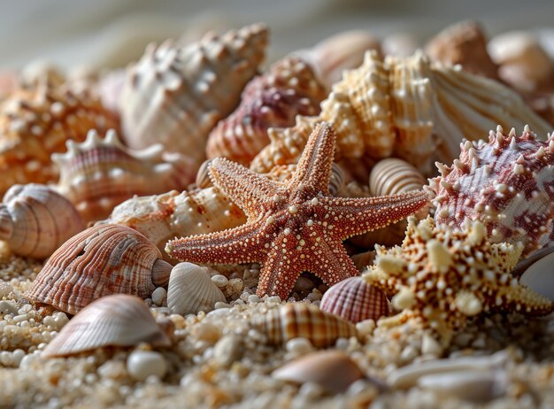 Photo a vibrant starfish rests atop a pile of seashells on a sundrenched beach