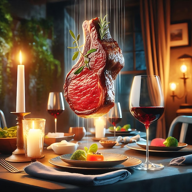 Photo vibrant steak floating above a charming table with red wine and sophisticated tableware