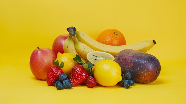 Photo a vibrant still life featuring a variety of fresh fruits including bananas lemons strawberries blueberries a mango an orange and apples all arranged against a bright yellow backgroun