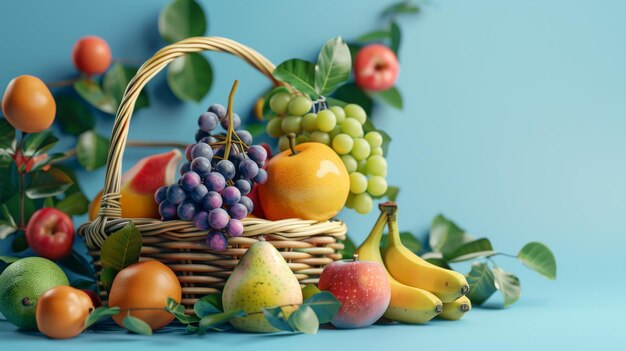 A vibrant still life of fresh fruit in a wicker basket set against a bright blue background