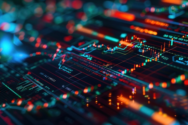 Vibrant stock market data on a digital board with glowing lights