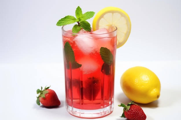 Photo vibrant strawberry mojito with touch of lemon and mint leaves on white background