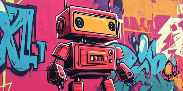 Vibrant street art featuring a retro robot against a colorful graffiti backdrop perfect for tech and urban themes