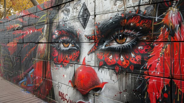 Photo vibrant street art graffiti of a clown face with intricate details striking colors and expressive ey