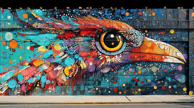 Vibrant street art mural covering an entire wall with bold bright colors and intricate details creating a stunning visual effect