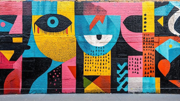 Vibrant street art mural with a bold colorful depiction of abstract shapes and patterns covering an entire wall in an urban landscape