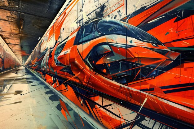 Photo vibrant street art showcasing a dynamic train in motion blending bold colors and abstract designs in an urban environment