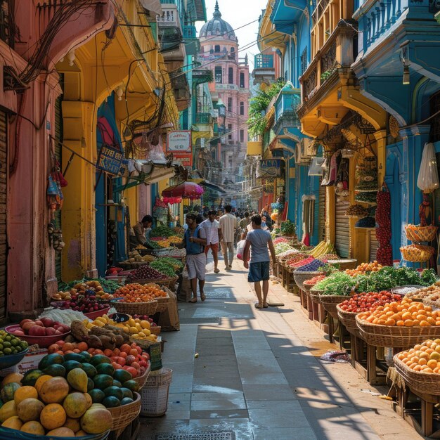 Photo vibrant street market colorful buildings local vendors and bustling shopping scene