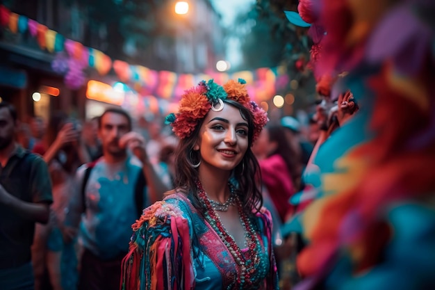 Vibrant street parade with colorful floats and performers celebrating Kurbanbayram Generative AI