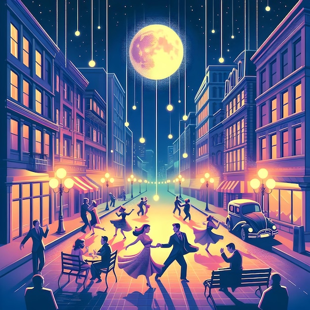 In the vibrant streets of downtown beneath the glow of street lamps isometric style of Swing dance