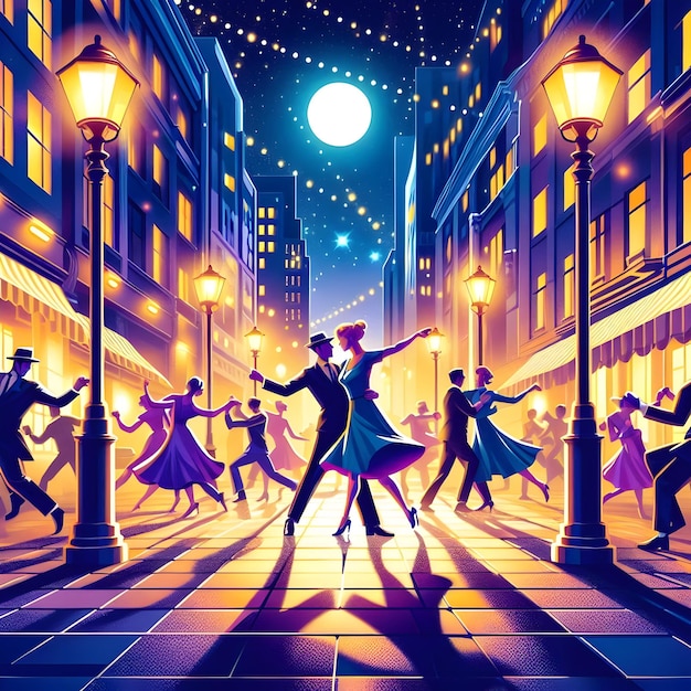 In the vibrant streets of downtown beneath the glow of street lamps isometric style of Swing dance