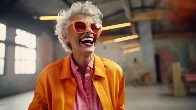 Vibrant Studio Fun A Joyful Senior Woman Dressed in a Colorful Orange Outfit and Stylish Sunglasses Laughing and Enjoying a Playful Time in the Fashion StudioxA