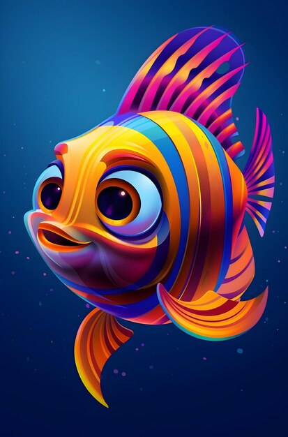 Photo a vibrant and stylized cartoon fish with striped patterns and a happy expression on a dark blue background