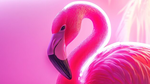 A vibrant and stylized flamingo with a neon glow against a soft pink background