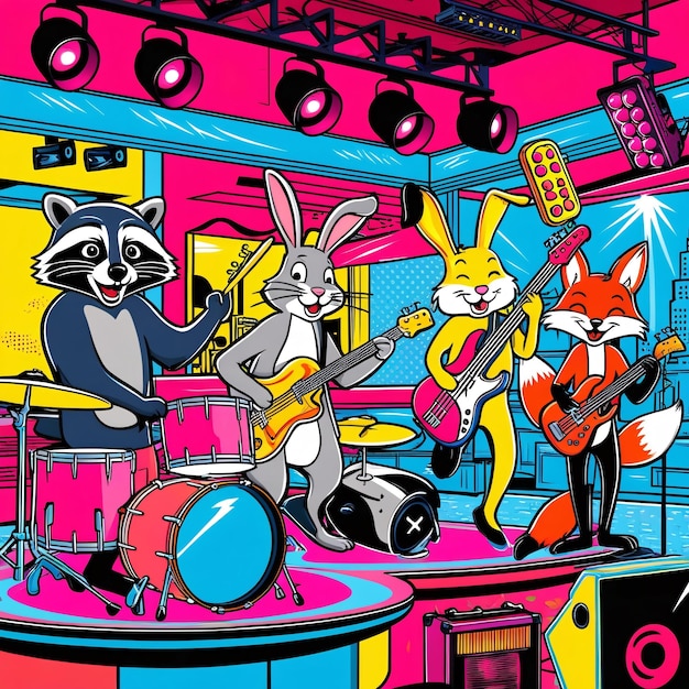 A vibrant stylized illustration of a lively animal band in a trendy music venue