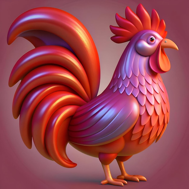 A vibrant and stylized rooster rendered in 3D with a glossy iridescent finish