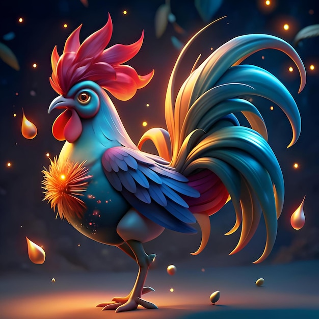 A vibrant and stylized rooster with a glowing heart and an iridescent blue and purple plumage