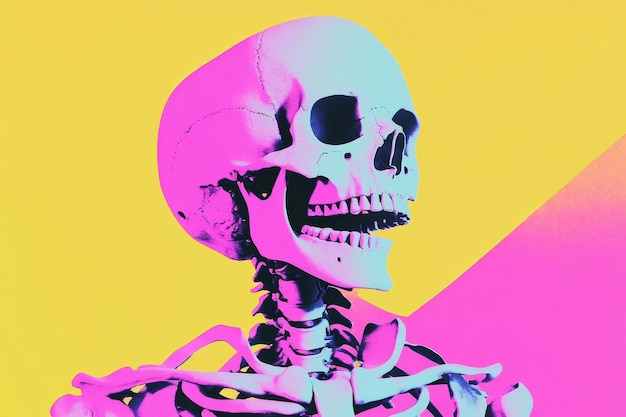 Vibrant stylized skeleton art in bold neon colors against a contrasting background