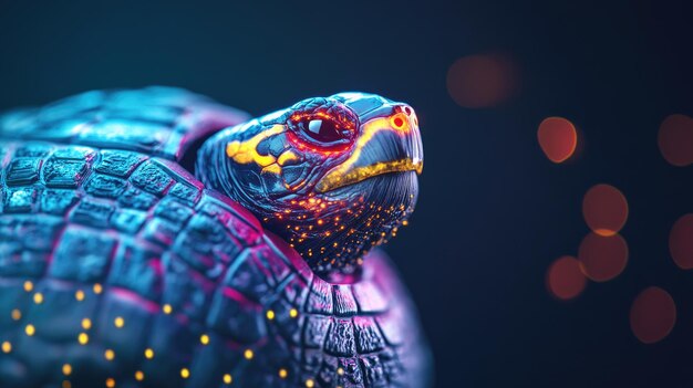 Photo a vibrant stylized turtle with glowing patterns against a blurred background