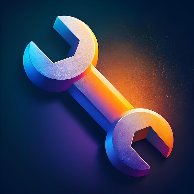 A vibrant stylized wrench icon in shades of blue and orange against a dark background