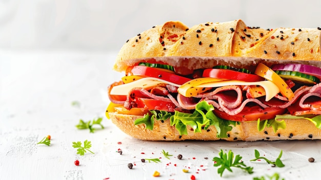 A vibrant sub sandwich overflowing with fresh ingredients on a white background