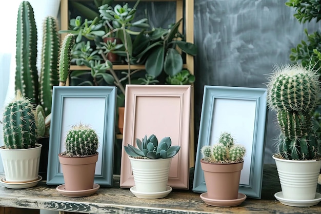 Photo vibrant succulent cactus pot collection on table