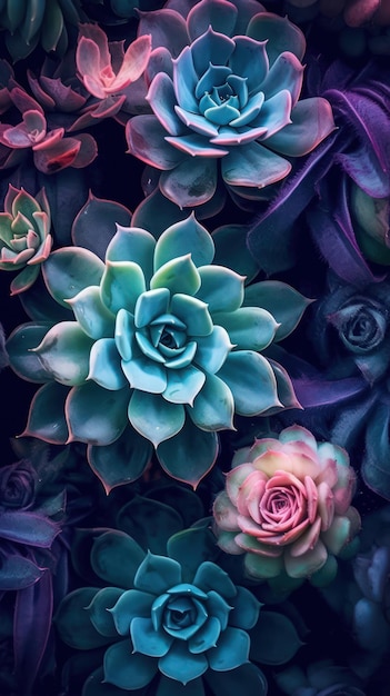 Vibrant Succulent Plants in a Dark Teal and Light Purple Garden AI Generated